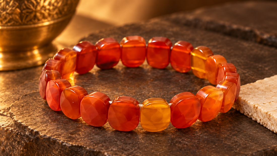 Natural red Carnelian bracelet showing orange amber and reddish-brown bead variations