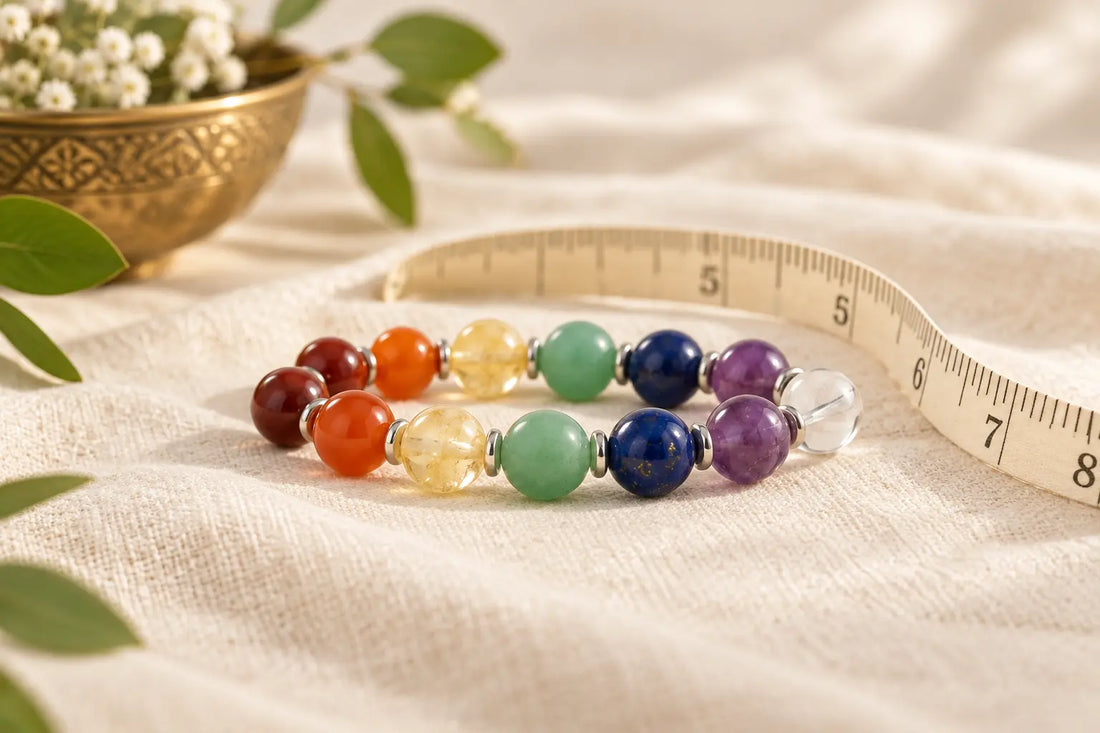 7-Chakra multi-stone bracelet beside a flexible measuring tape for wrist sizing