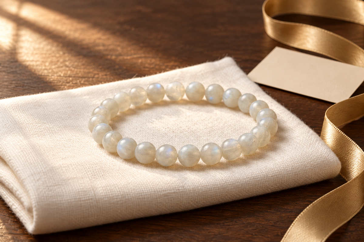 Nityara Moonstone bracelet beside a blank gift note and antique-gold ribbon on a dark wooden table.