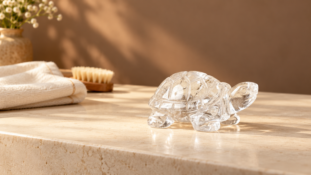 Clear crystal tortoise ornament beside a soft cloth and brush on an ivory stone console
