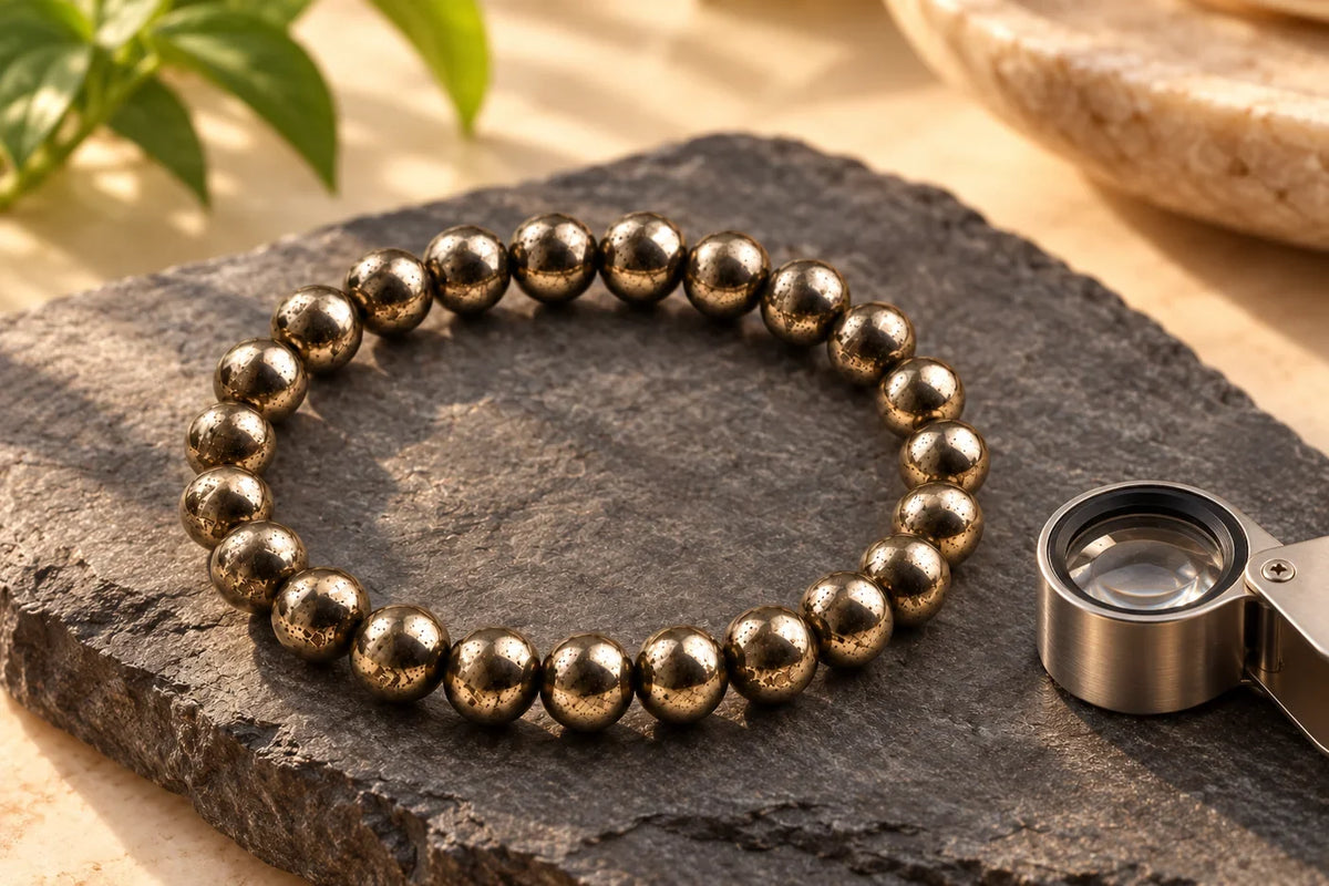 Editorial illustration of a round-bead pyrite bracelet beside a jeweller’s loupe on charcoal stone.