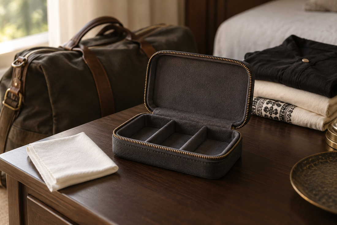 Empty padded charcoal jewellery travel case beside a soft cloth and weekend bag, illustrating separate bracelet storage.