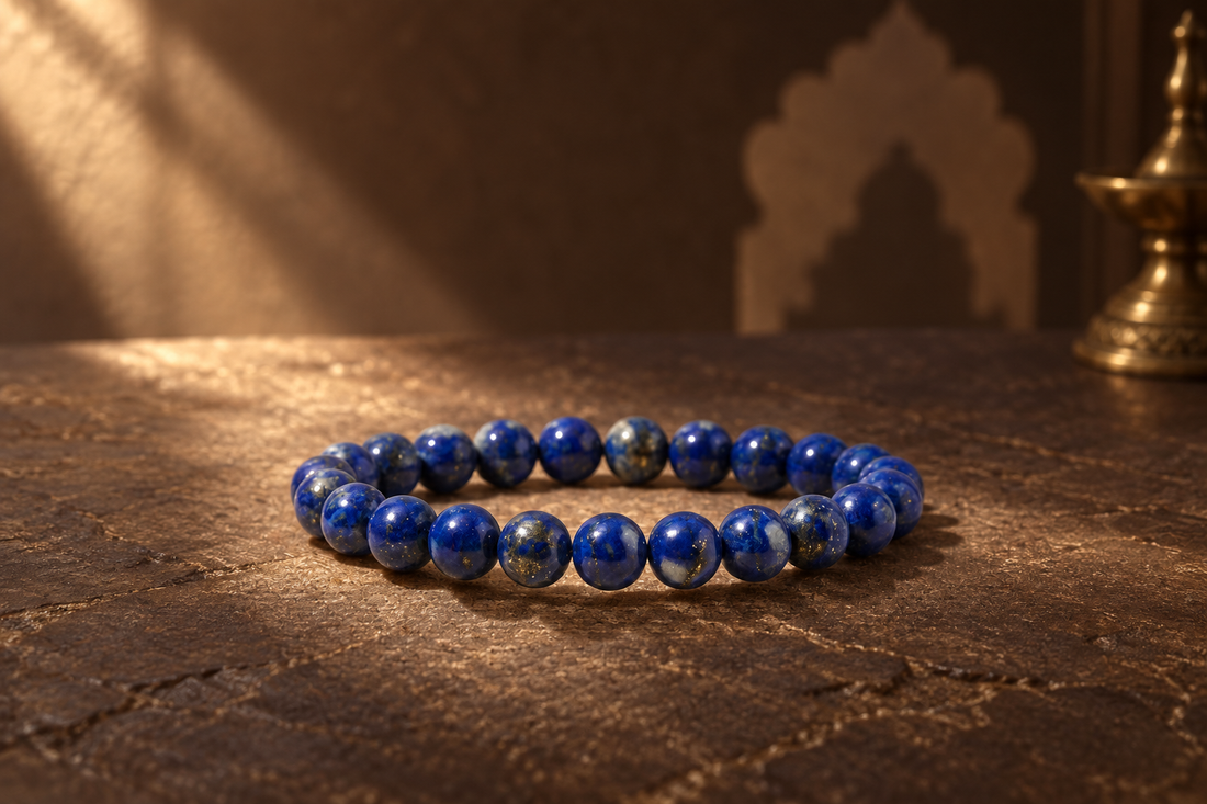 Nityara Lapis Lazuli bracelet showing deep blue beads with gold pyrite flecks and pale mineral variation
