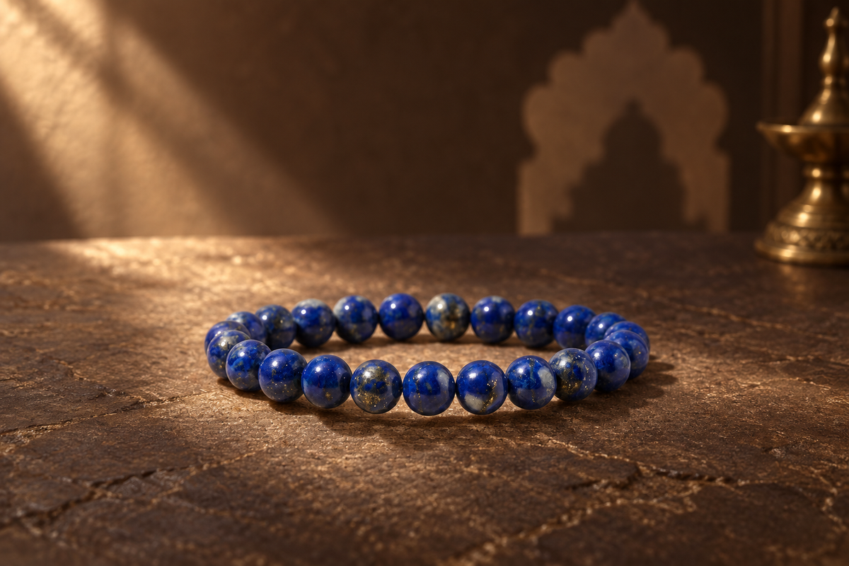 Nityara Lapis Lazuli bracelet showing deep blue beads with gold pyrite flecks and pale mineral variation