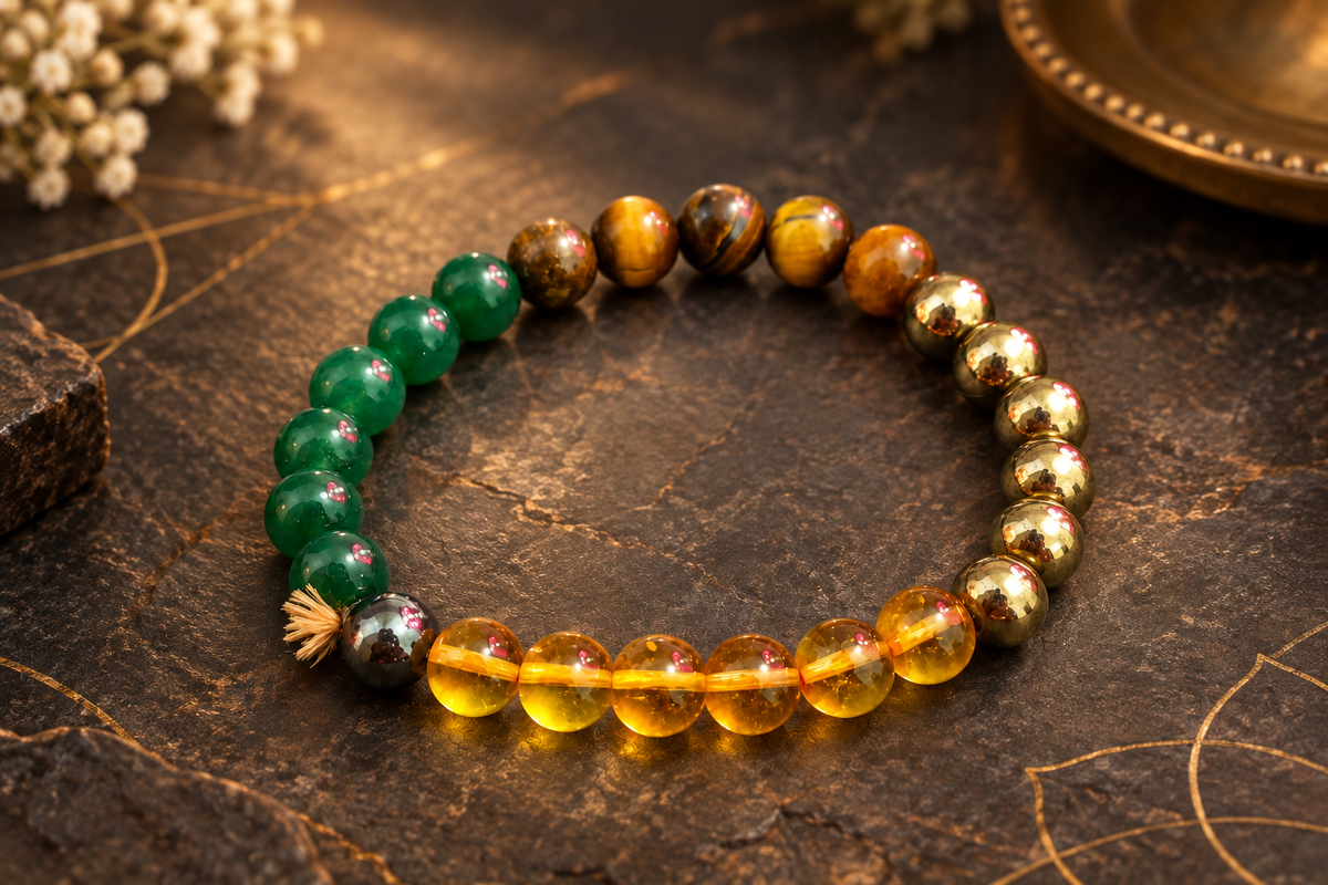 Nityara Money Magnet Band with Pyrite, Tiger Eye, Citrine and Green Aventurine beads