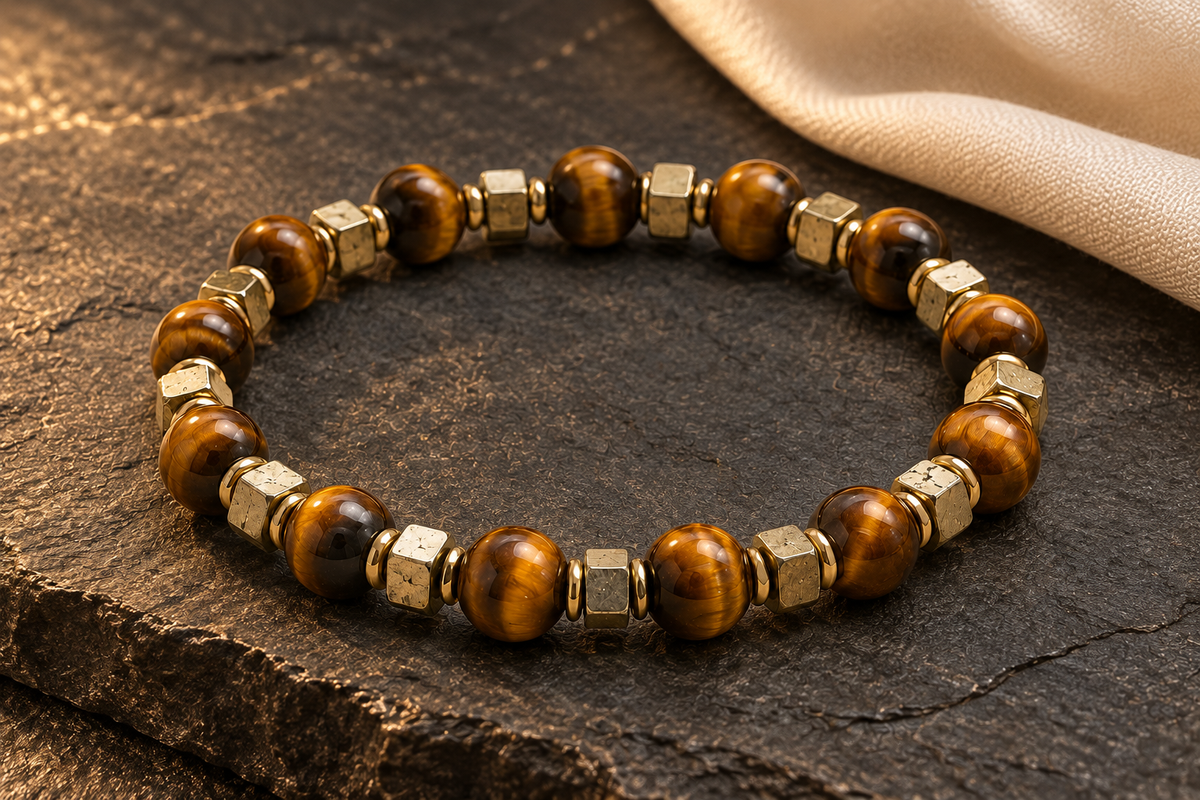 Success Magnet Band with cube-shaped Pyrite accents and round Tiger Eye beads on dark charcoal stone