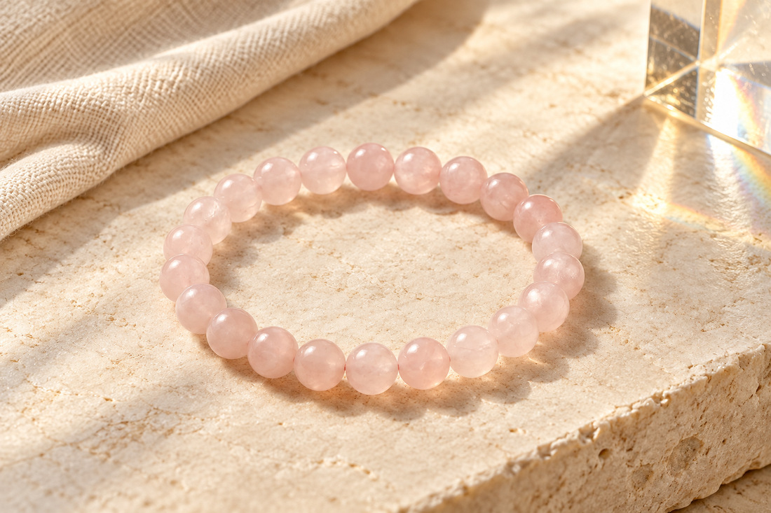 Number 6 Rose Quartz numerology bracelet showing pale pink cloudiness and translucency in natural light