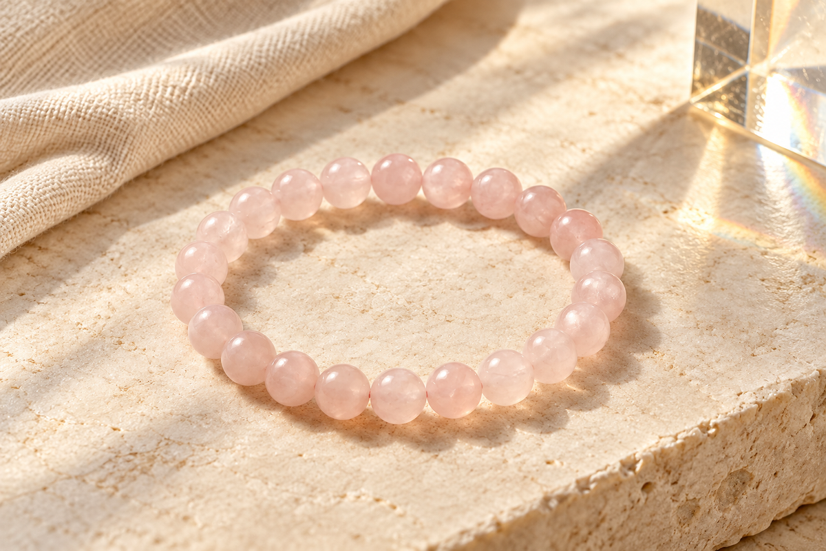 Number 6 Rose Quartz numerology bracelet showing pale pink cloudiness and translucency in natural light