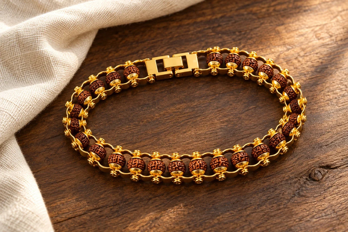 Editorial illustration of Nityara’s gold-tone linked Rudraksha bracelet with a rectangular clasp on wood.
