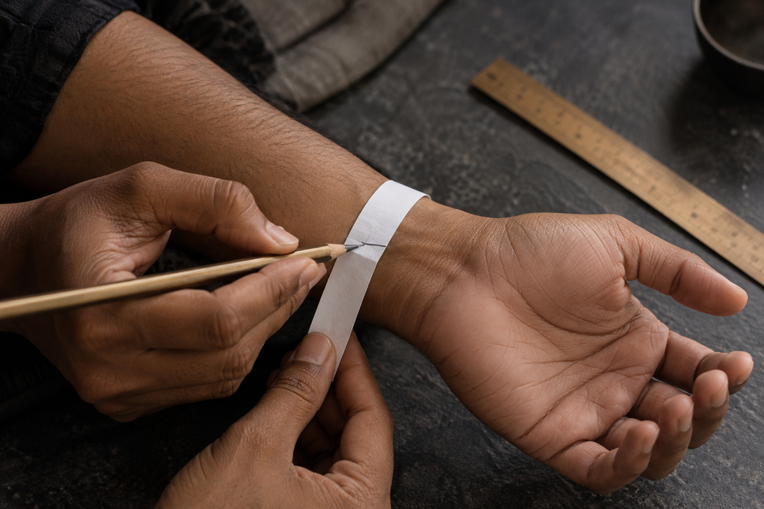 Paper strip wrapped gently around a bare wrist to measure for a Rudraksha link bracelet.