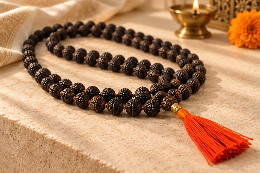 Black Rudraksha mala with dark grooved beads, antique-gold spacers and a saffron tassel on ivory stone