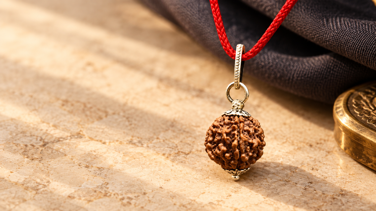 5 Mukhi Rudraksha pendant with silver-tone cap and red cord on warm ivory stone