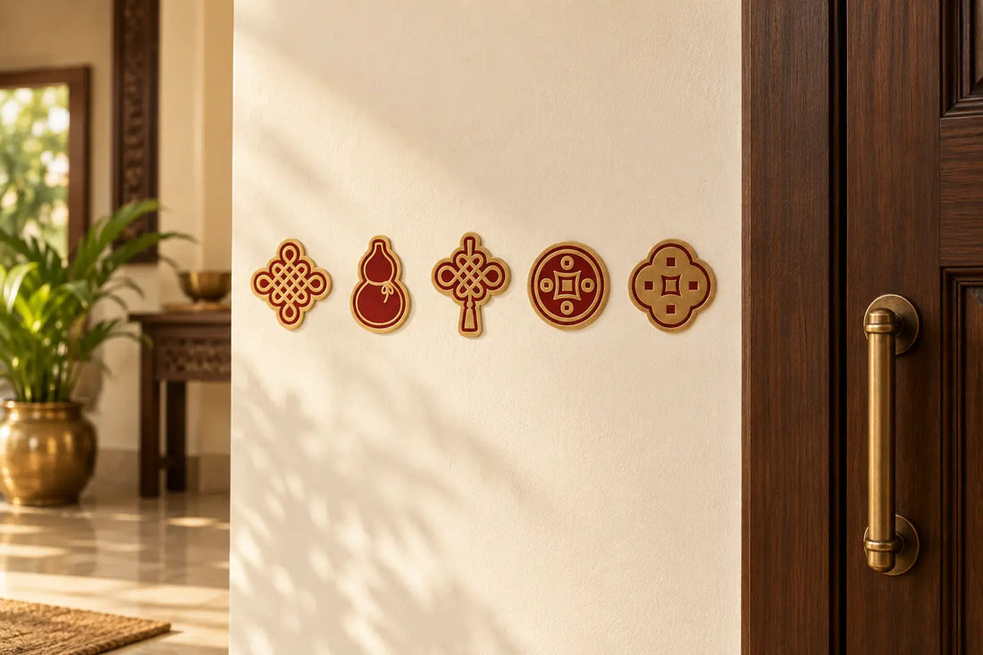 Five red and antique-gold sacred door stickers aligned beside a warm wooden Indian home entrance