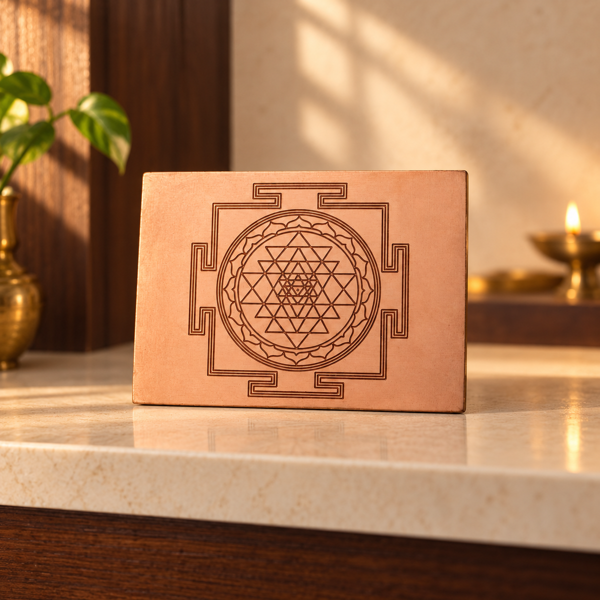 Copper Shree Yantra wall plate with engraved nine-triangle sacred geometry on a modern prayer shelf