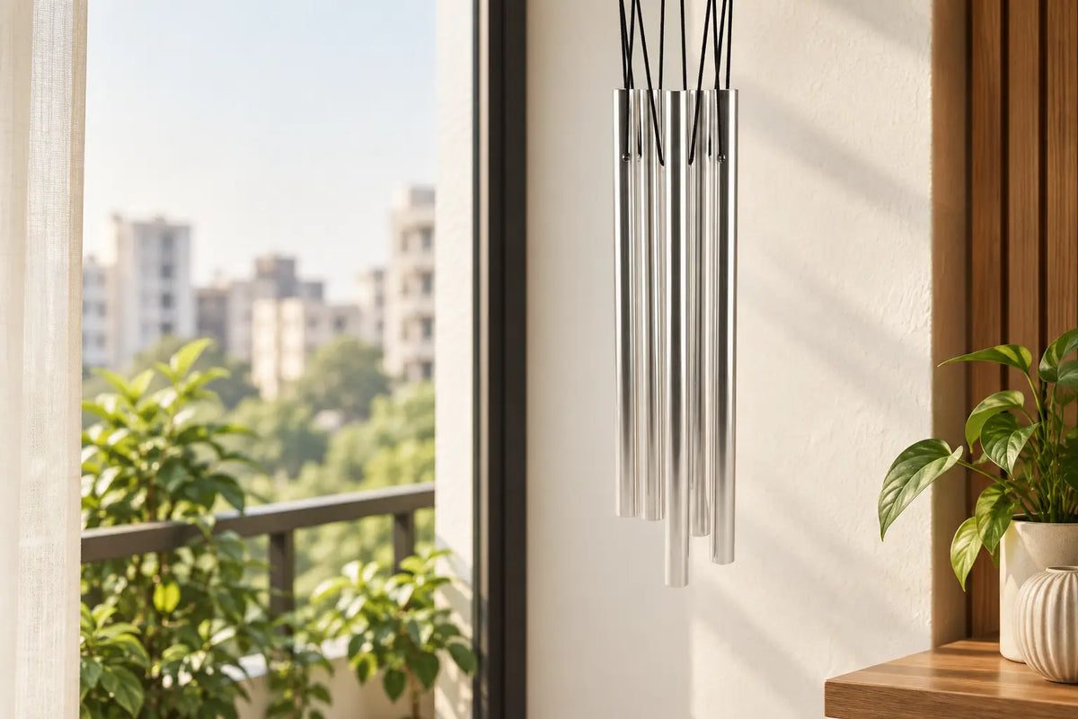 Six-rod silver metal wind chime hanging beside a sunlit modern Indian apartment window