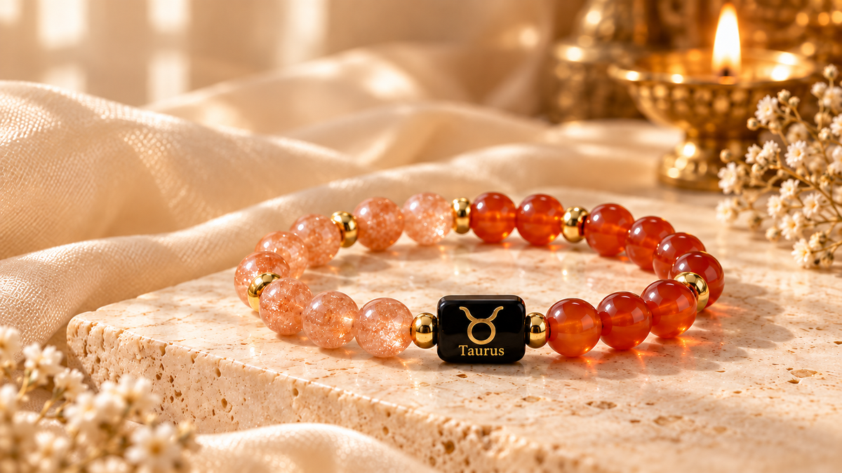 Taurus Sunstone and Carnelian Zodiac Band showing natural peach sparkle and orange-red bead variation
