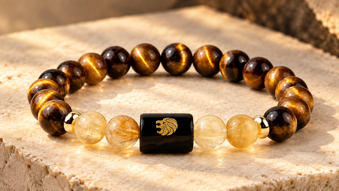 Leo Tiger Eye and Citrine bracelet showing golden moving bands across polished Tiger Eye beads