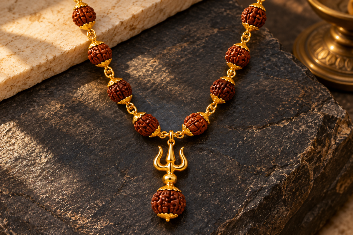 Gold-plated Rudraksha necklace with central Trishul motif and natural grooved beads on charcoal stone