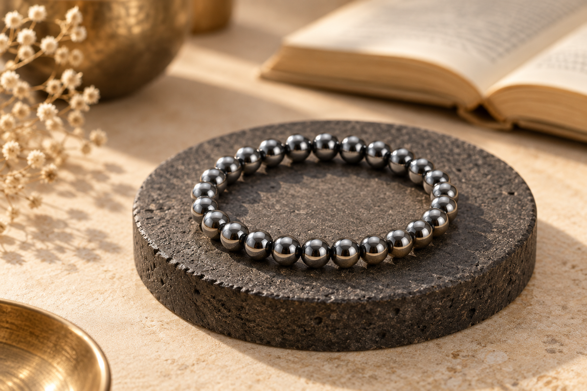Smooth round hematite bracelet on a charcoal stone plinth in warm natural light