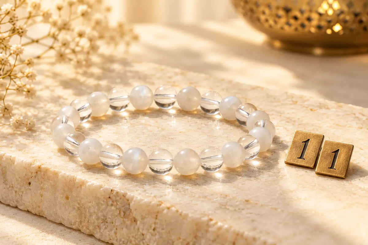 Clear Quartz and Moonstone Master Number 11 bracelet beside brass number 11 tiles
