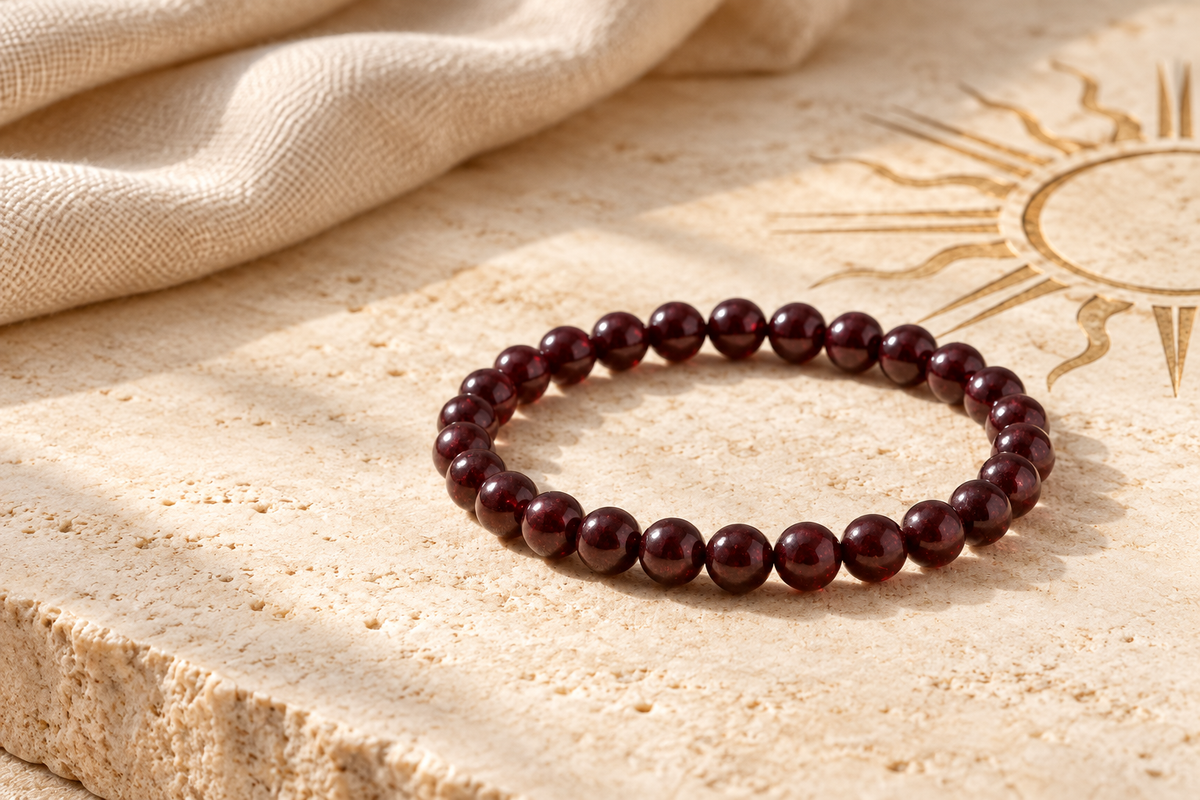 Number 1 garnet numerology bracelet on warm ivory stone in morning light