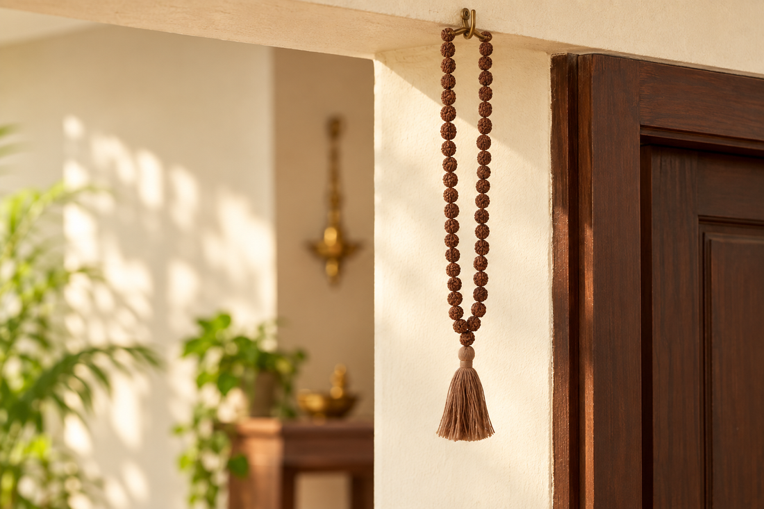 Rudraksha entrance hanging beside a wooden doorway in a warm Indian home