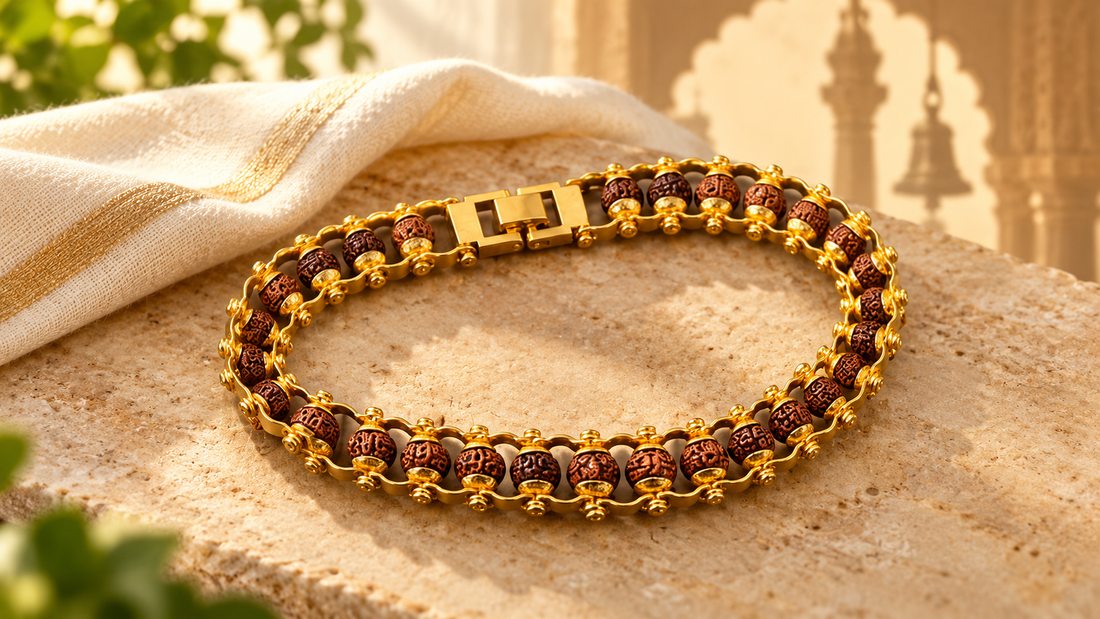 Gold-plated modern Rudraksha bracelet showing natural bead grooves and gold-tone craftsmanship