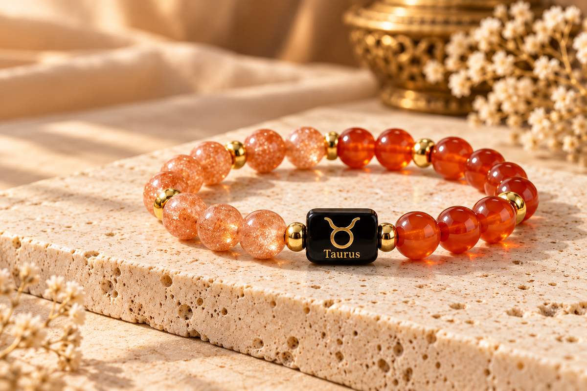 Taurus Sunstone and Carnelian zodiac band on warm ivory stone
