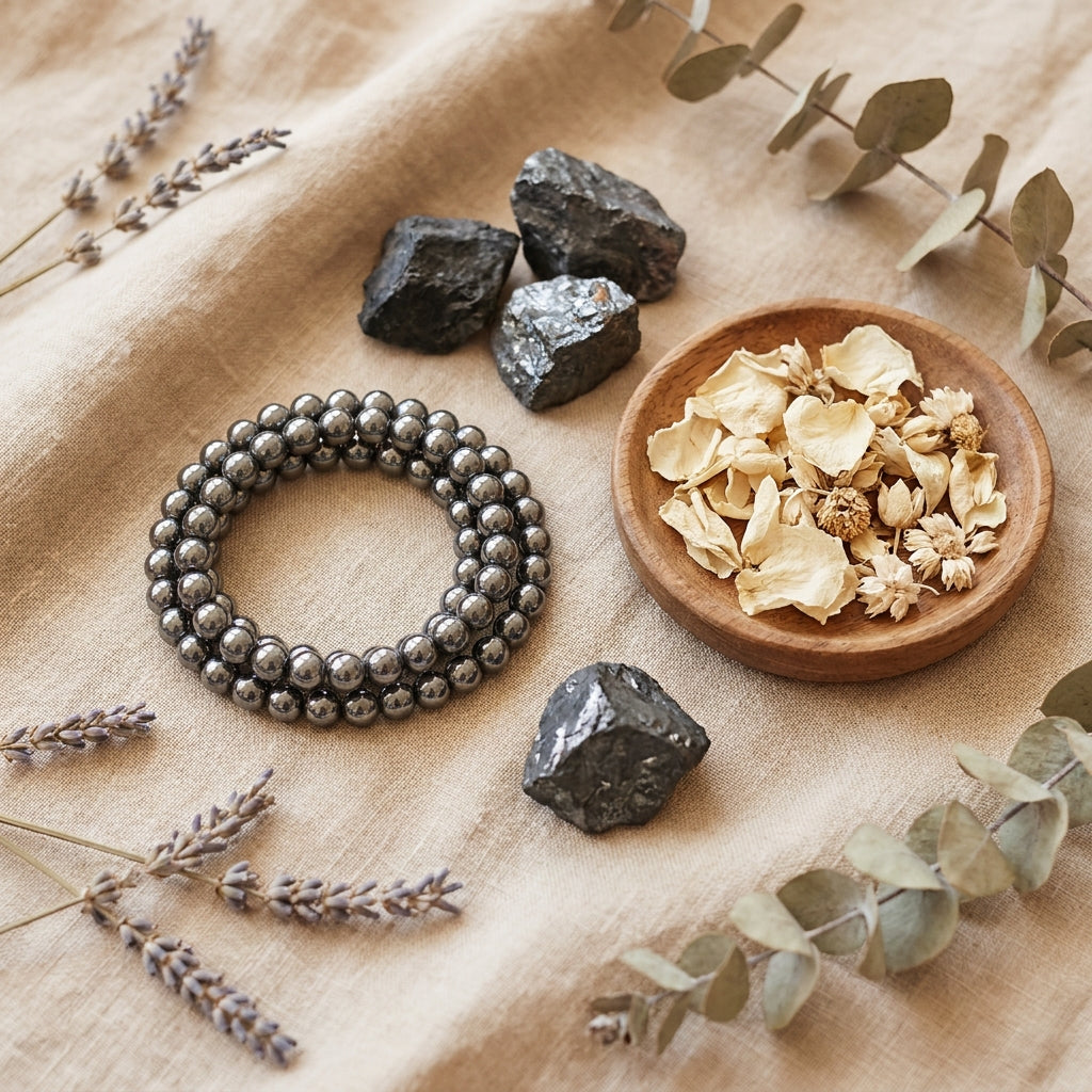 Hematite Grounding Bracelet - styled flat lay