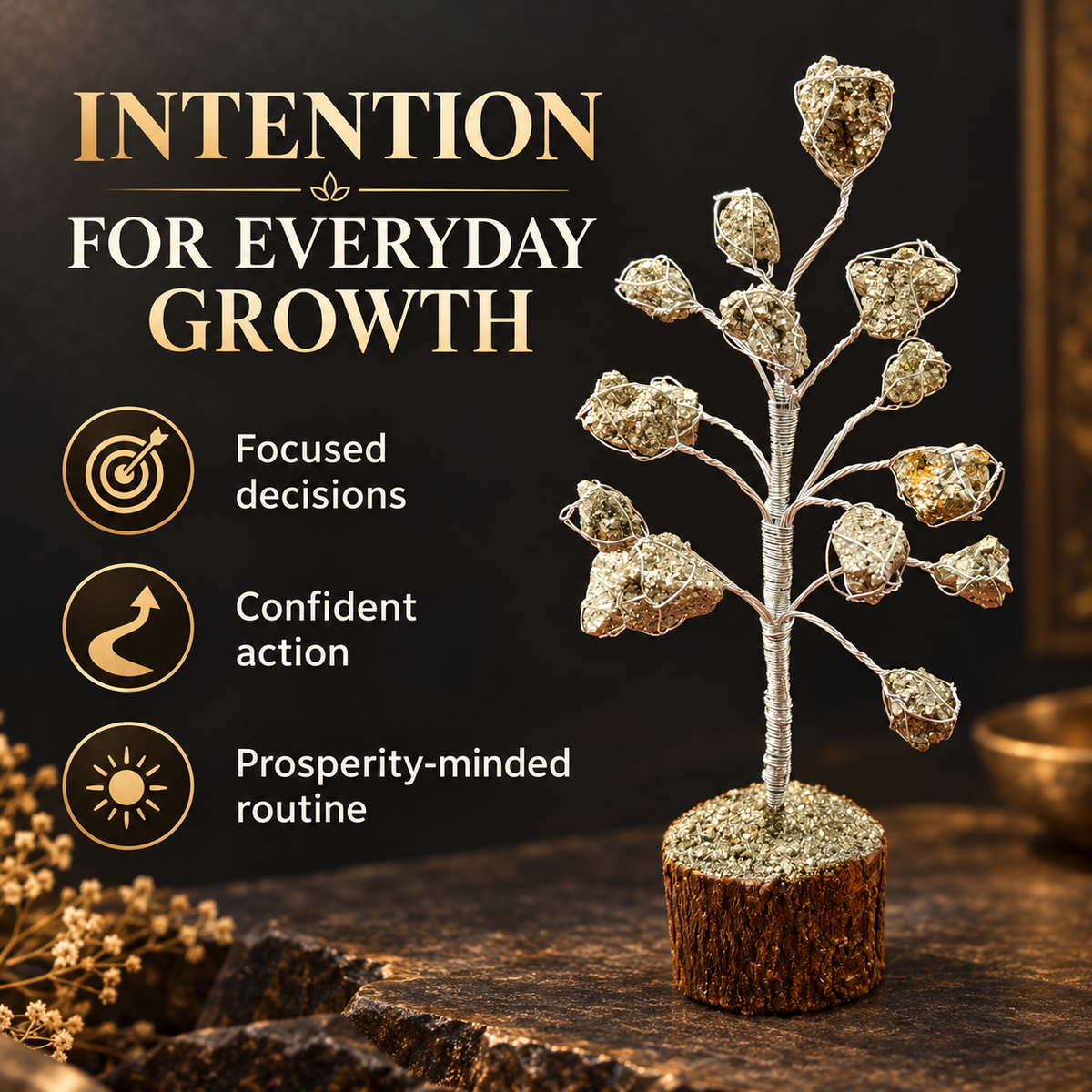 Pyrite Tree for focused decisions confident action and prosperity-minded routine