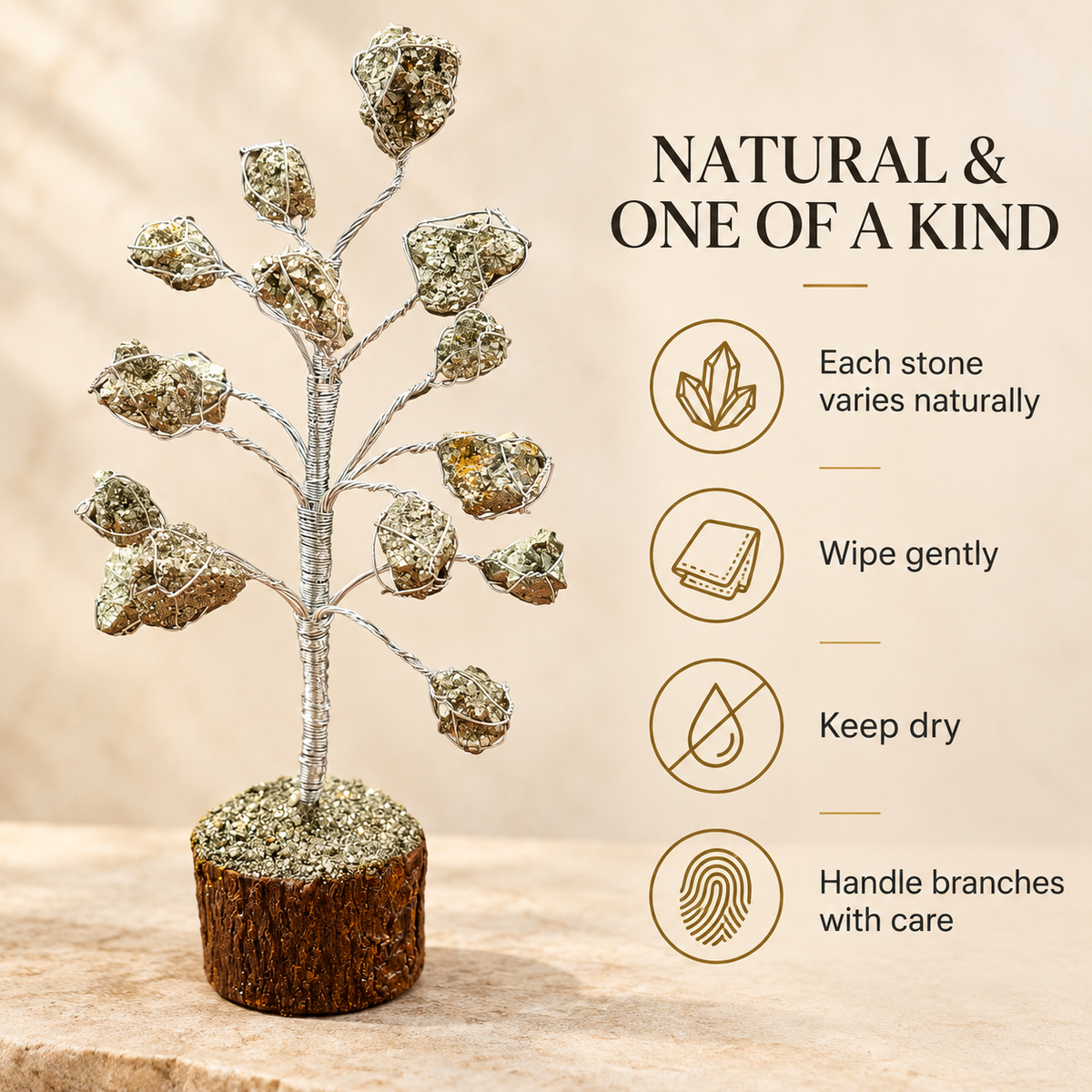 Natural Pyrite Tree care guide and handcrafted stone variation