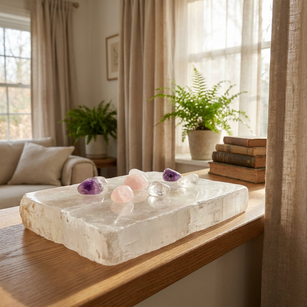 Selenite plate on windowsill