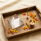 Shree Yantra crystal pyramid styled flat-lay