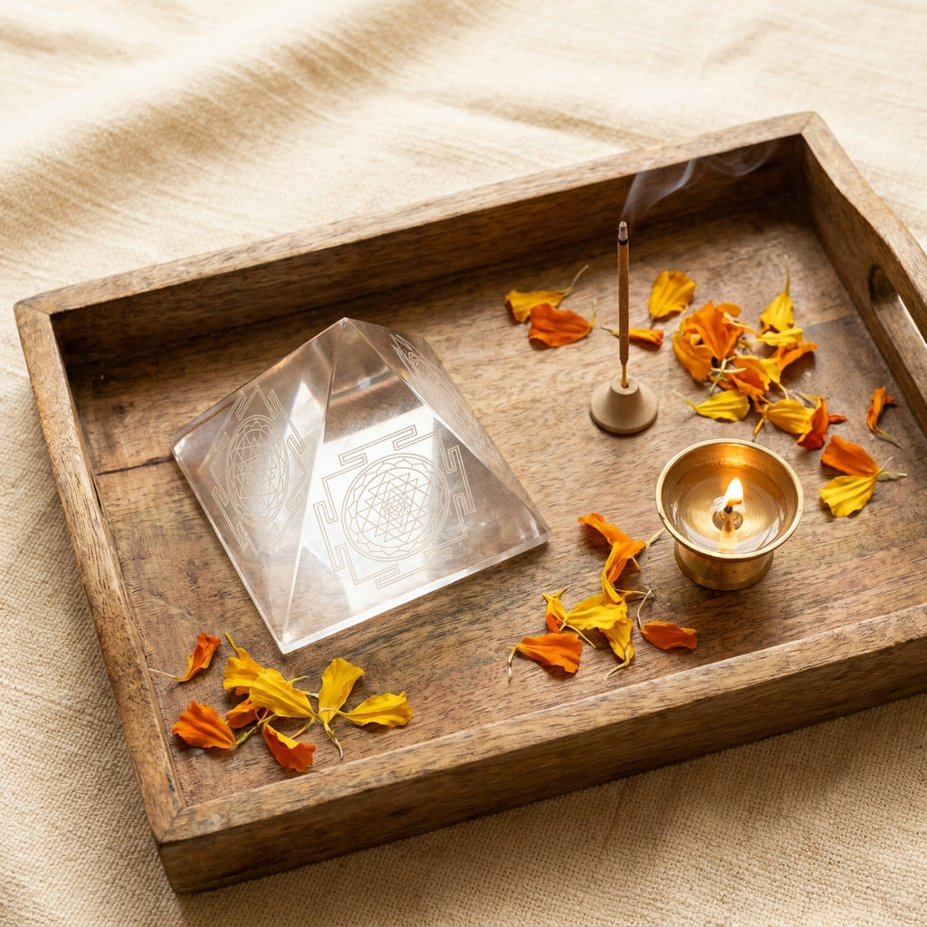 Shree Yantra crystal pyramid styled flat-lay