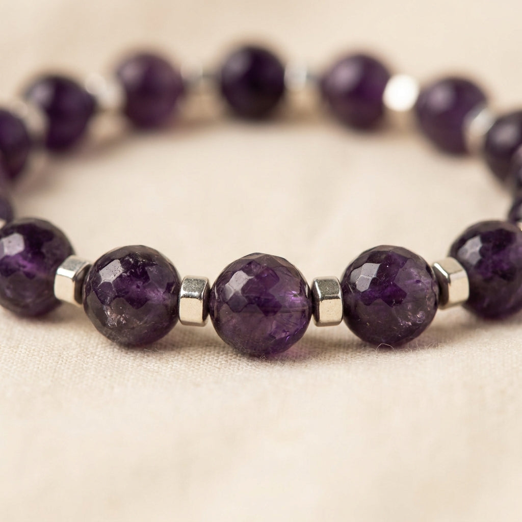 Capricorn Saturn Zodiac Bracelet - macro detail of amethyst beads