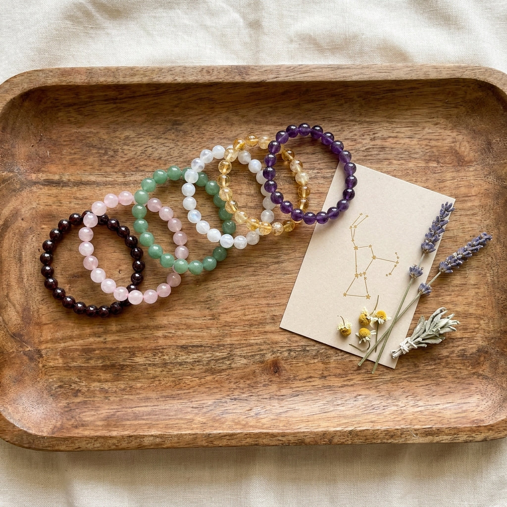 Zodiac Birthstone Bracelet Set styled flat-lay with astrology props