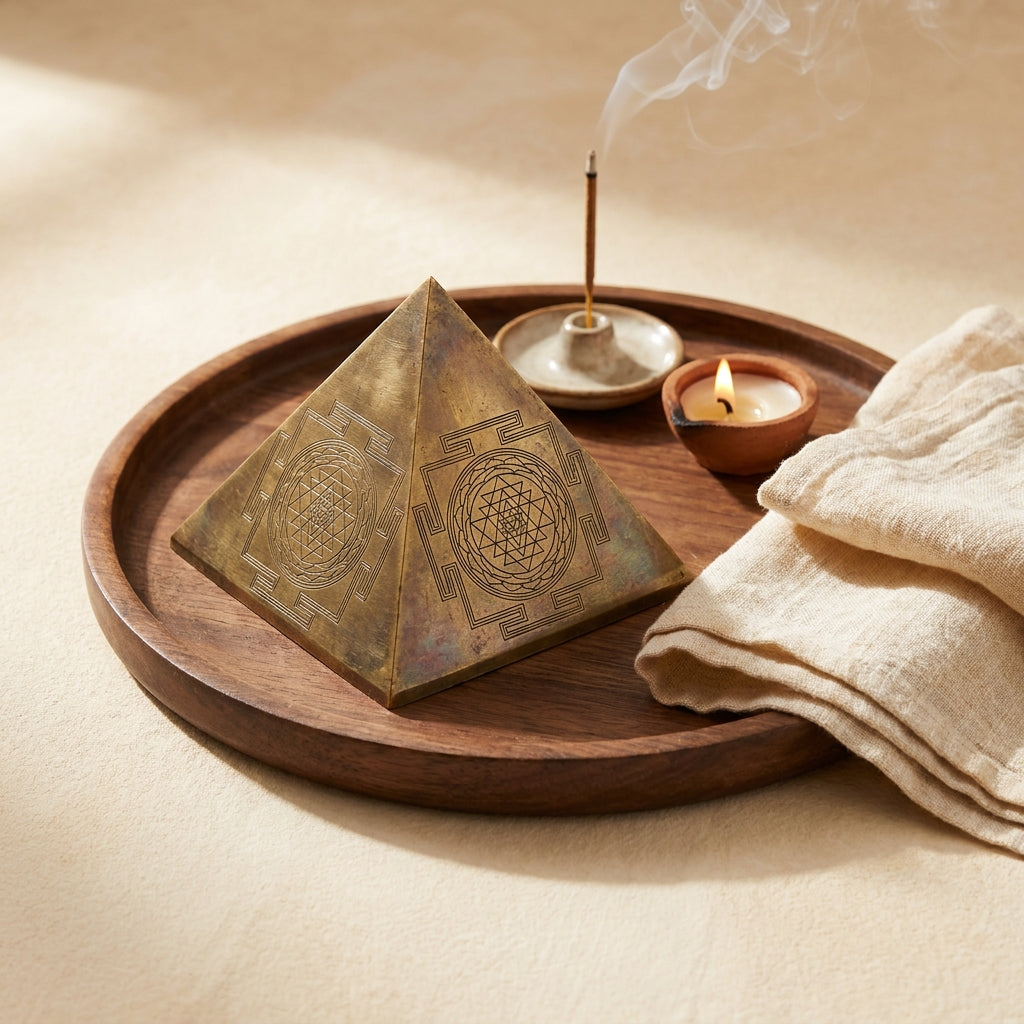 Energized brass Shree Yantra pyramid styled flat-lay