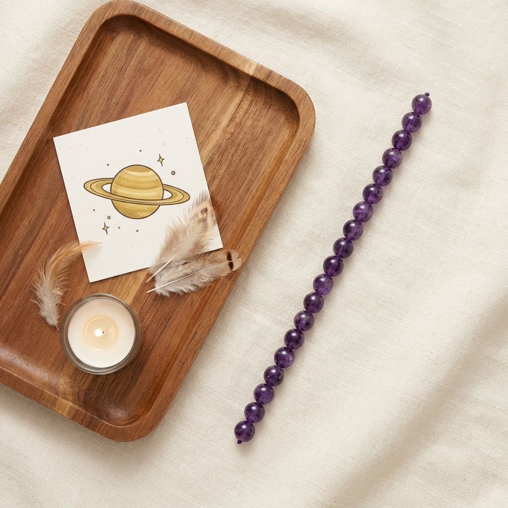 Aquarius Saturn Zodiac Bracelet styled flat-lay with astrology props
