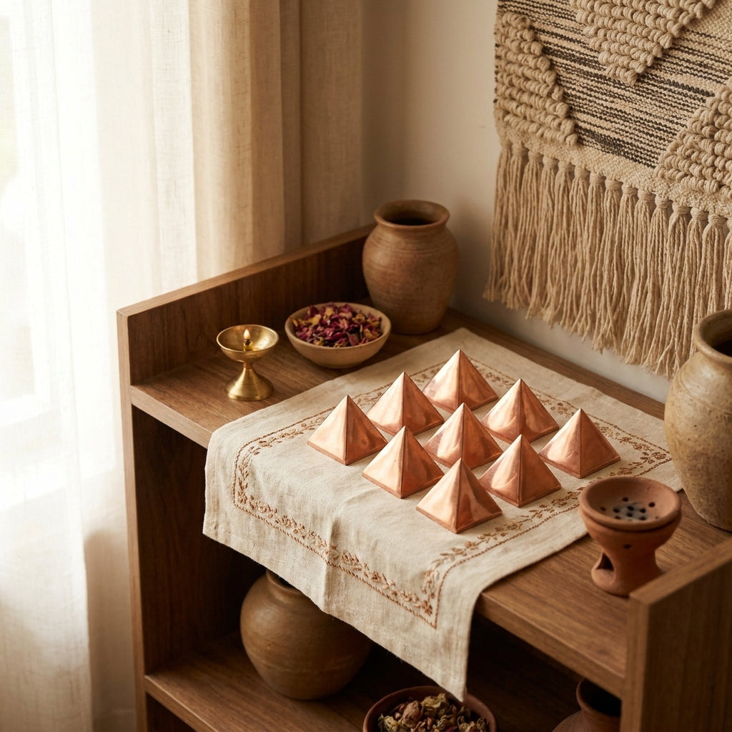 Copper pyramid set on home altar