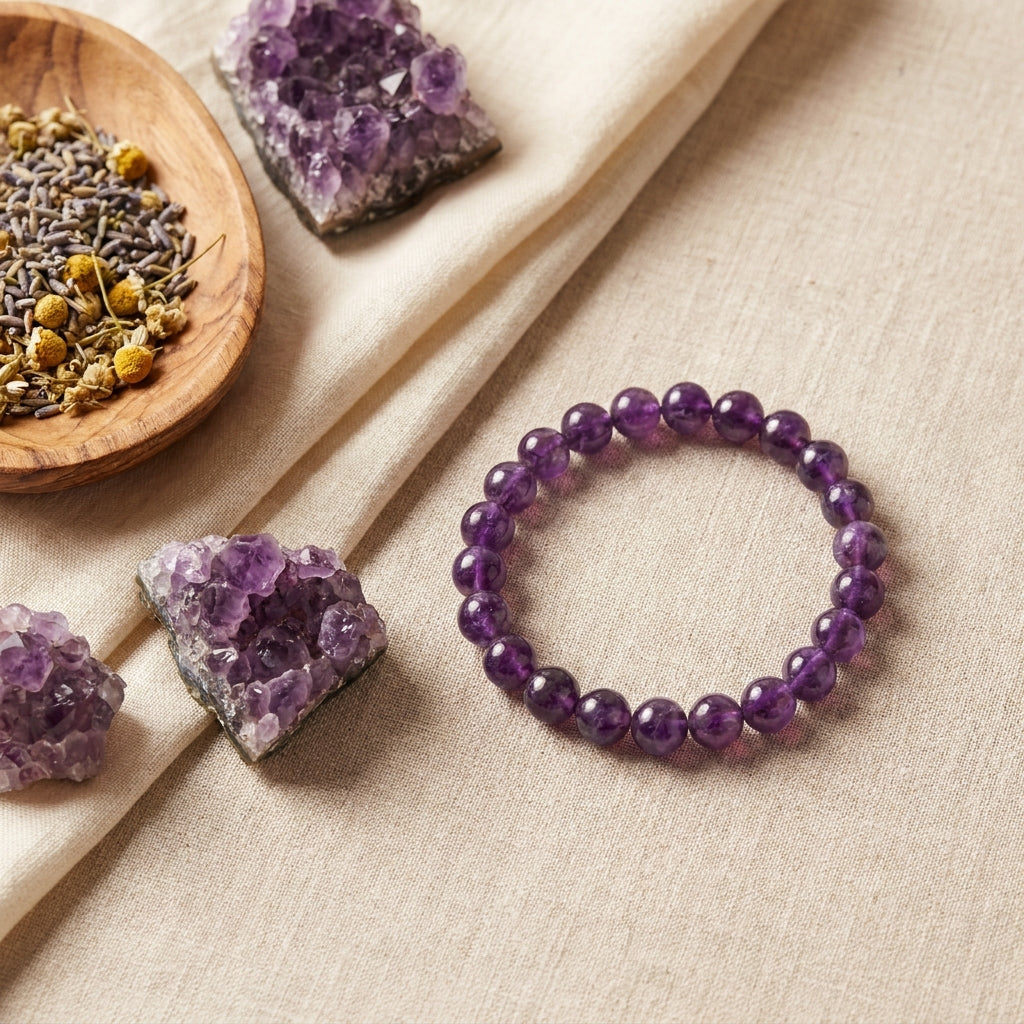 Amethyst Calm Mind Bracelet - styled flat lay