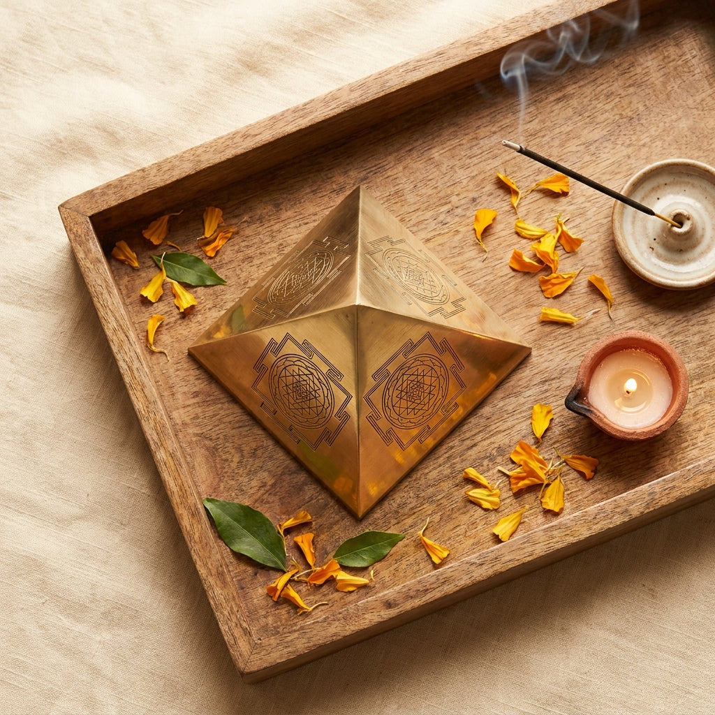 Brass Shree Yantra pyramid styled flat-lay