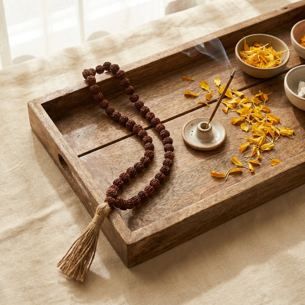 Rudraksha hanging styled flat-lay