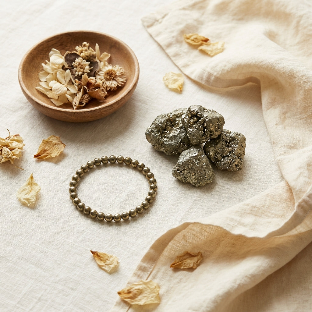 Pyrite Wealth & Abundance Bracelet - styled flat lay