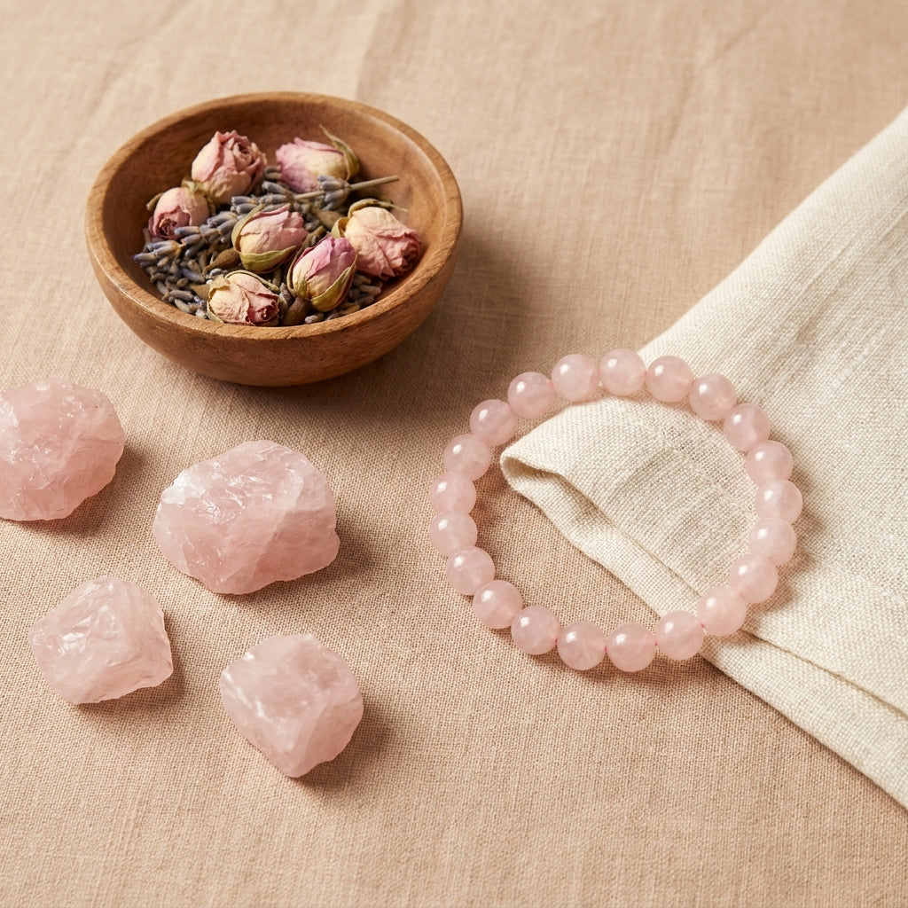 Rose Quartz Love & Serenity Bracelet - styled flat lay
