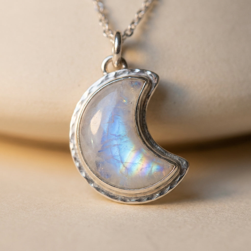 Cancer Moon Zodiac Pendant - macro detail of moonstone