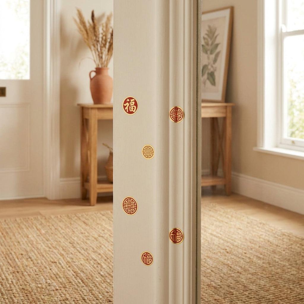 Swastik sticker set near entrance door