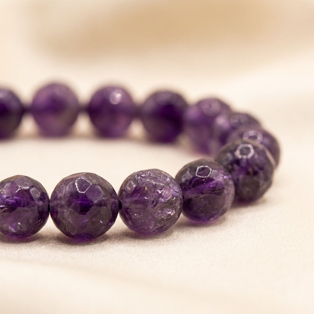 Sagittarius & Pisces Jupiter Zodiac Bracelet - macro detail of amethyst beads