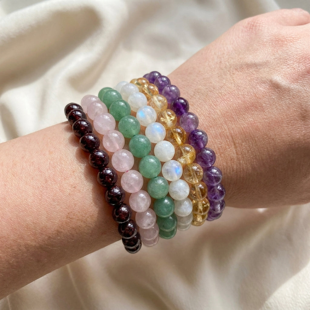 Zodiac Birthstone Bracelet Set worn stacked on wrist