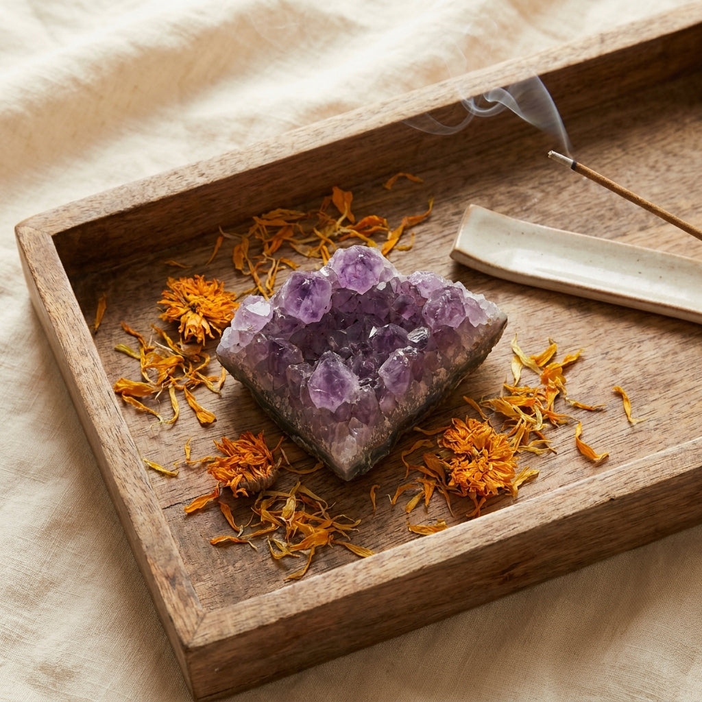 Amethyst cluster styled flat-lay