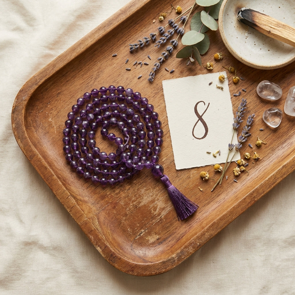 Number 8 Saturn Numerology Mala - styled flat lay